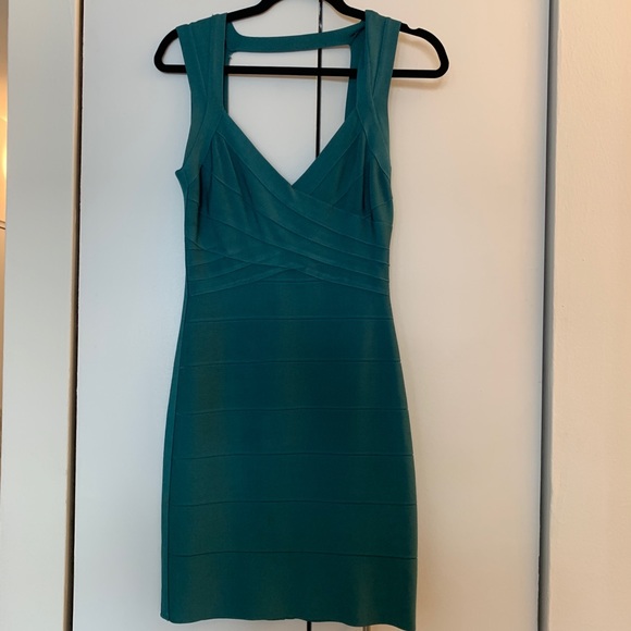 Hervé Léger Crisscross Mini Dress in Teal - Picture 2 of 5